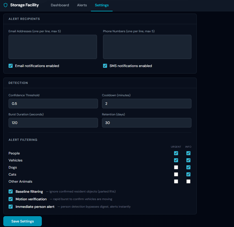 SCS settings panel showing detection configuration: confidence threshold, cooldown, alert filtering matrix for people vehicles dogs cats with urgent and informational toggles, baseline filtering, and motion verification options